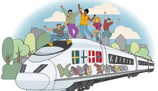 Illustration på ett tåg med glada ungdomar på taket och Sveriges, Finlands, Danmarks och Norges flaggor på sidan. 