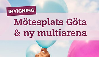 Ballonger och texten Invigning, Mötesplats Göta och ny multiarena