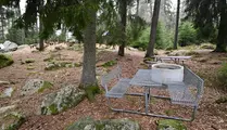 Grillplats med bänkar av stål framför. Grillplatsen står i skogen vid en inte-nudda-marken-park.